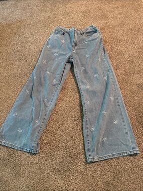 Ribbon Embroidered Light Blue Wide-Leg Jeans Shein Size L